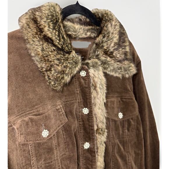 Y2K Venezia 18/20 Brown Jacket Corduroy Stretch Pocket Detach Faux Fur Snowflake - Picture 3 of 7